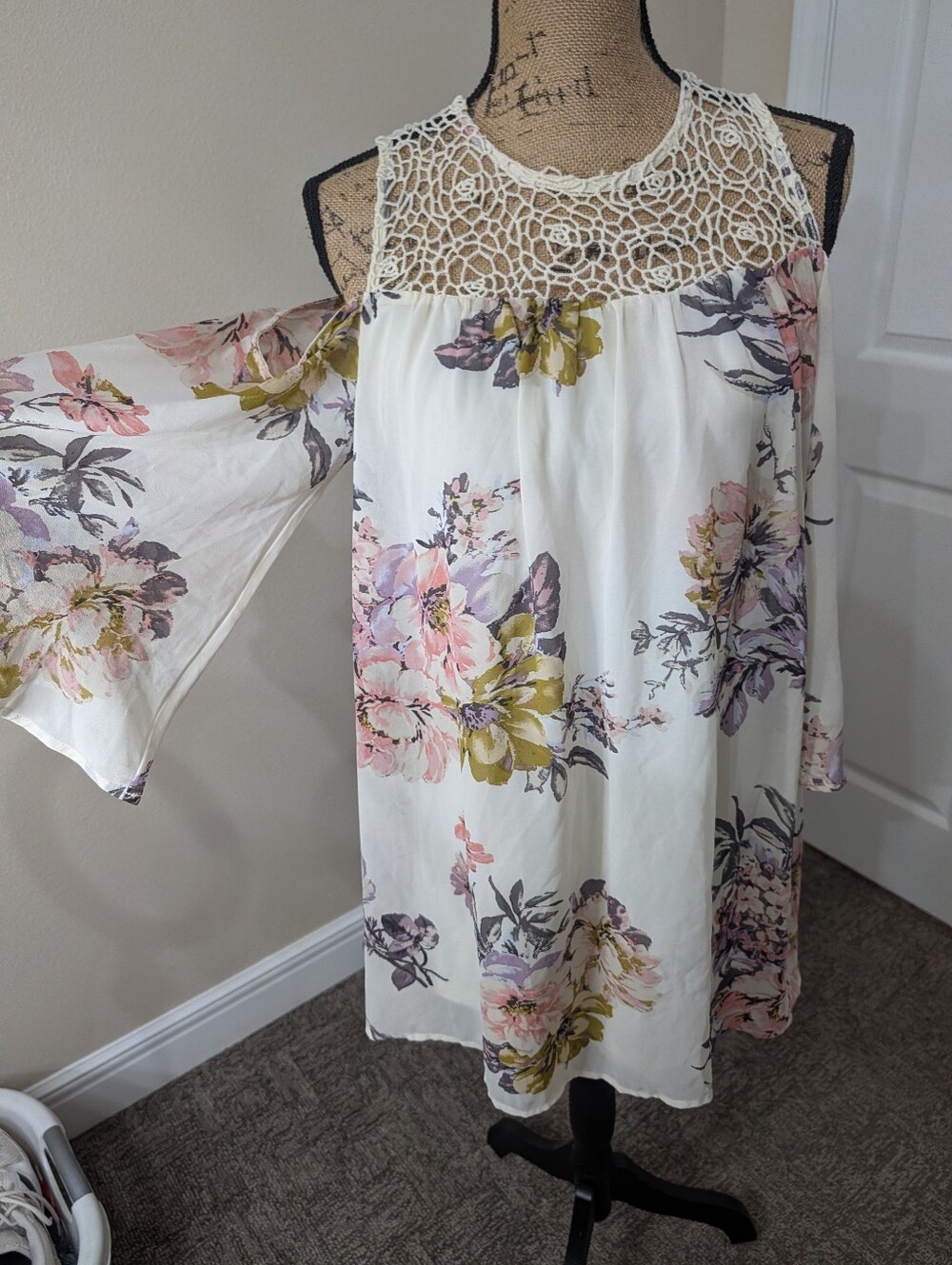 HeartSoul Cream Floral Cold-Shoulder Dress with Pink & Green Accents